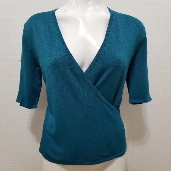 Eddie Bauer top Medium slinky knit v-neck faux wrap stretch business casual - Picture 1 of 14